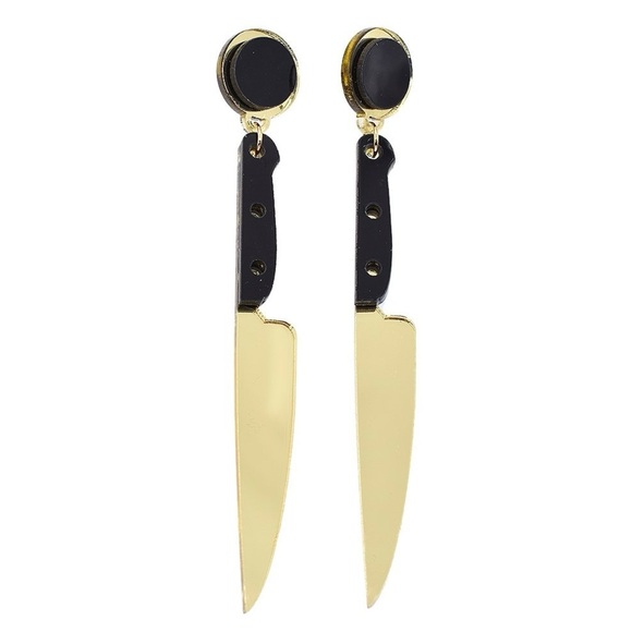Spooky Gold Black Knife Earrings Creepy Goth Halloween Cosplay Statement Jewelry - Picture 1 of 10